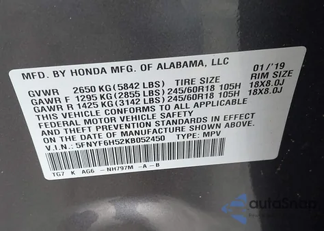 2019 Honda Pilot Ex-L z USA, uszkodzony, nr VIN 5FNYF6H52KB052450